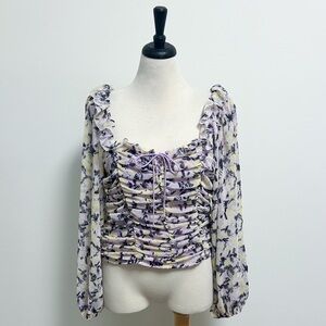 Free People Mabel Lilac Combo Purple Yellow Floral Sheer Puff Sleeve Top Large